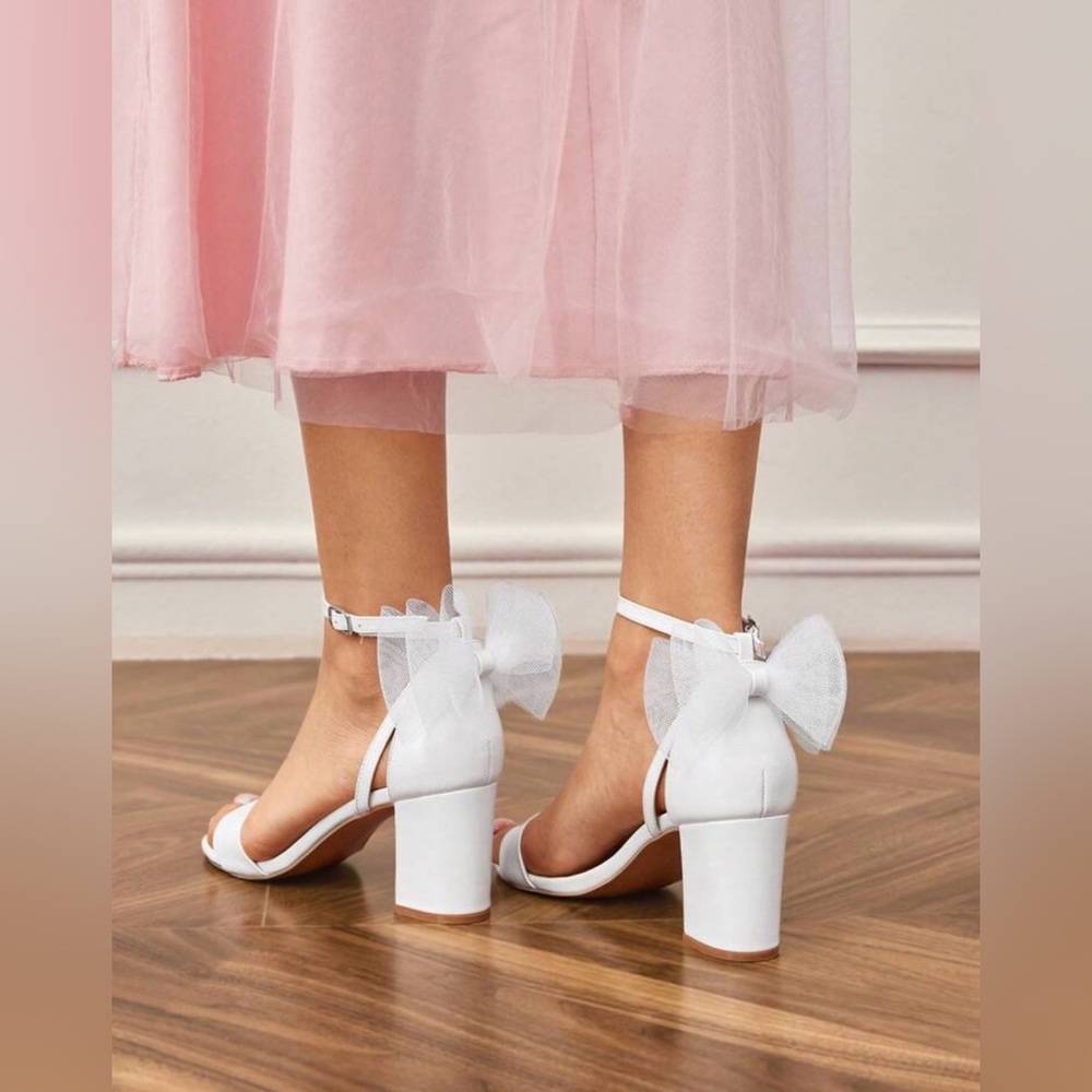 White Block Heels with Bow Accent